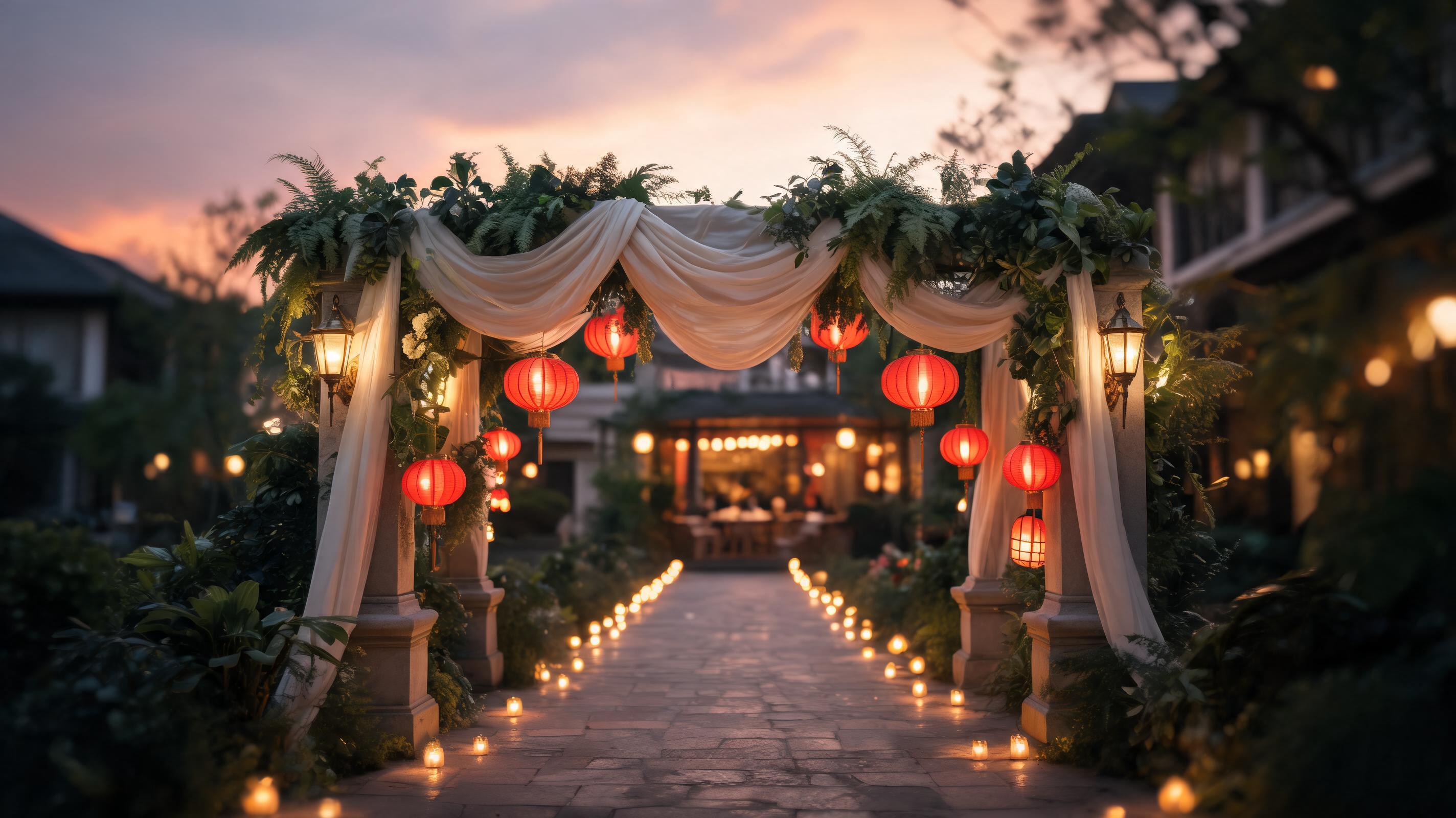 Red silk lanterns glowing along a tropical resort path at dusk