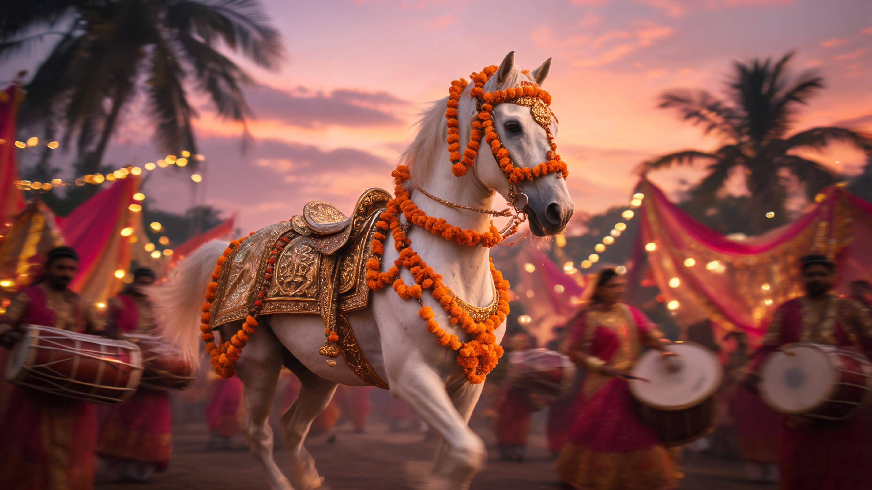 A floral mandap with marigold garlands and hanging lanterns against an Andaman Sea sunset
