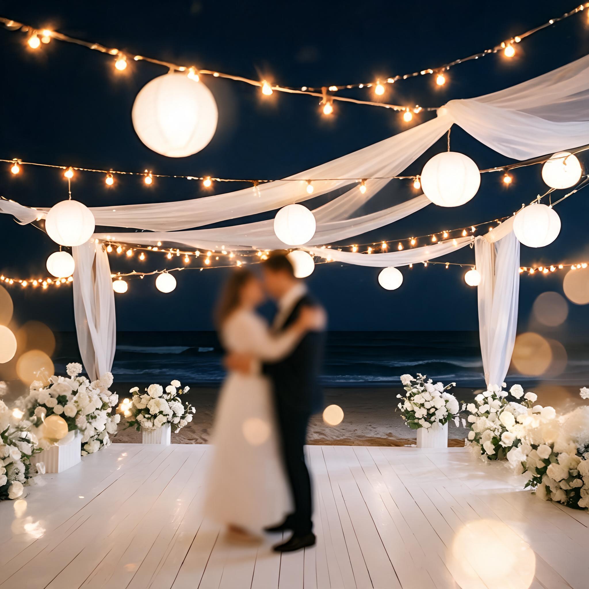 An all-white beachfront banquet table with white roses at golden hour