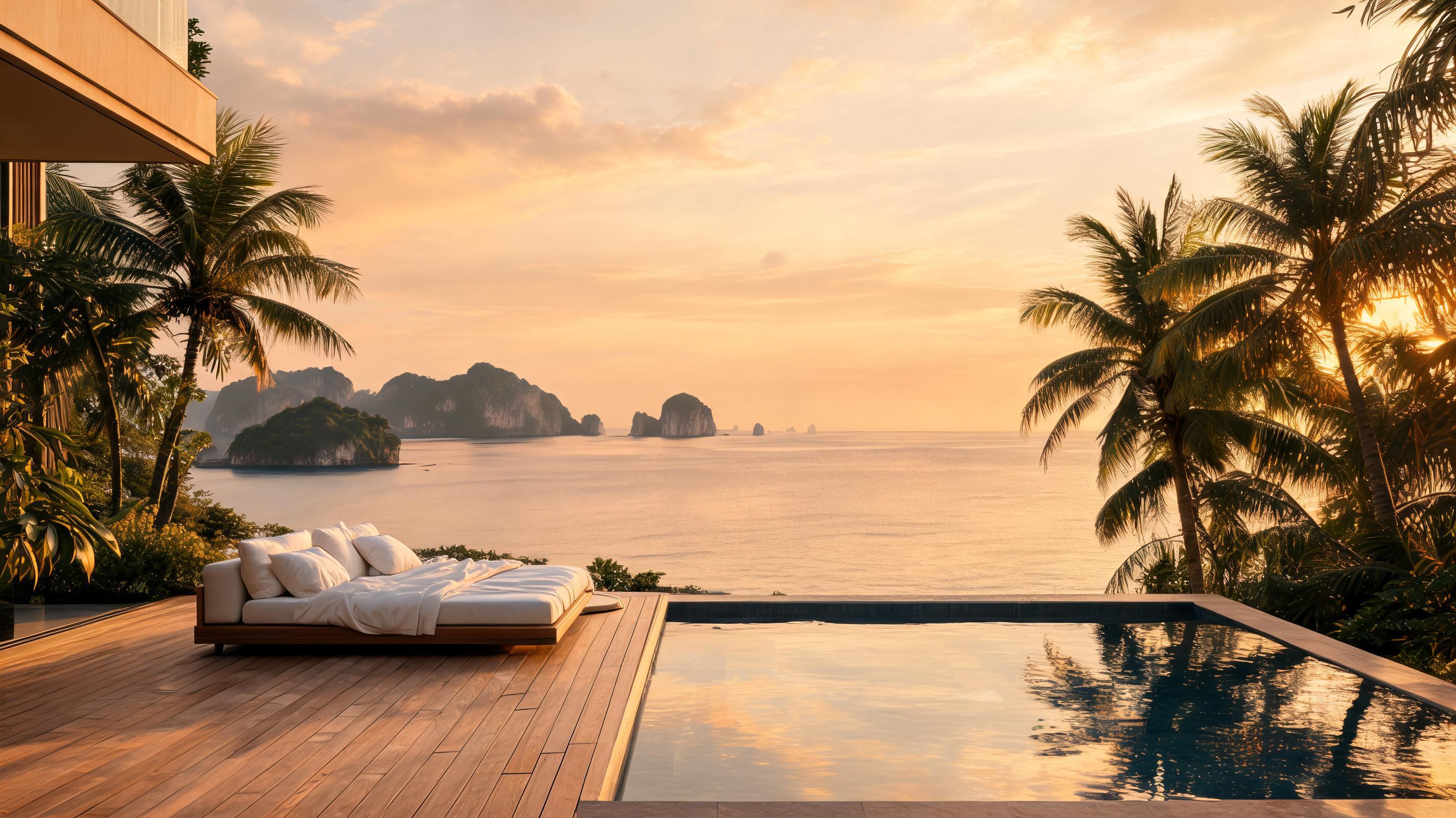 The overwater villas at The Ritz-Carlton, Langkawi glowing at golden hour over the Andaman Sea